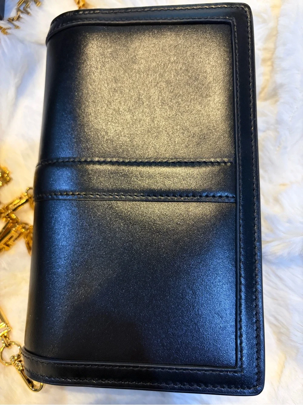 Versace Greca Goddess Black Leather Clutch with Gold Greek-Key Accent
